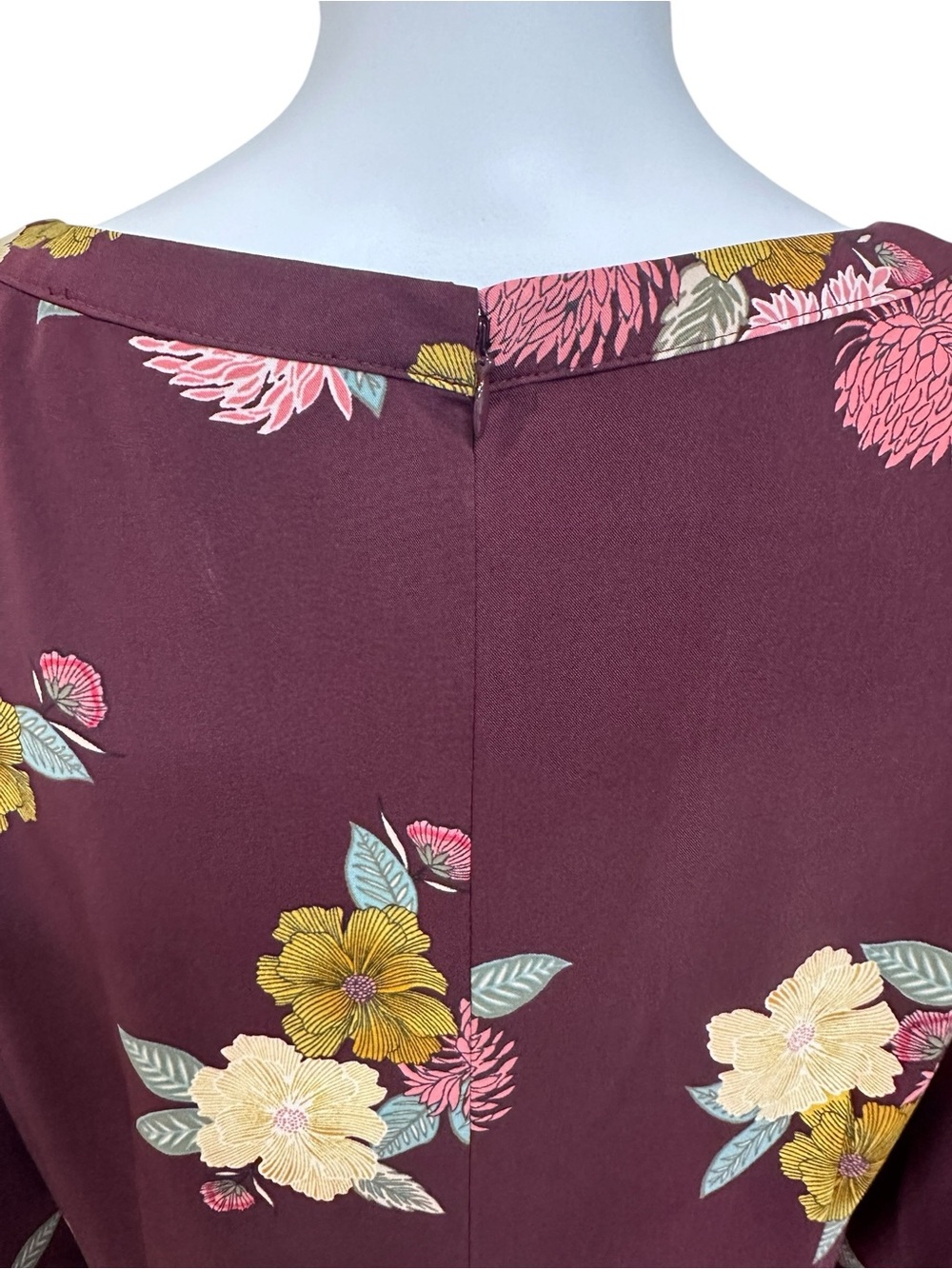Ann Taylor LOFT Women's Burgundy Floral Long-Sleeve Shift Dress 8P 8 Petite - Picture 4 of 8